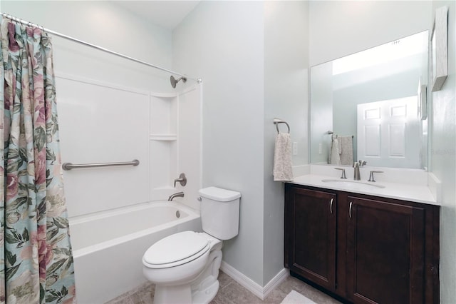 full bathroom with vanity, toilet, shower / tub combo, baseboards, and tile patterned floors