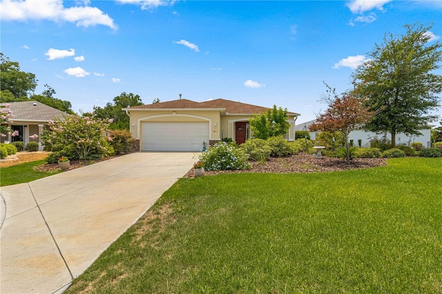 single story home with a front yard, driveway, a garage, and stucco siding