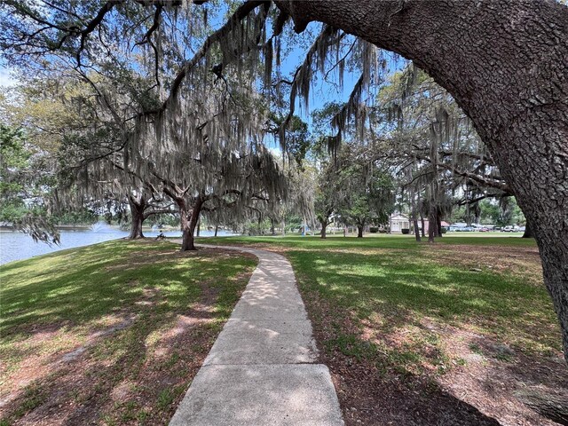 view of community featuring a water view and a yard