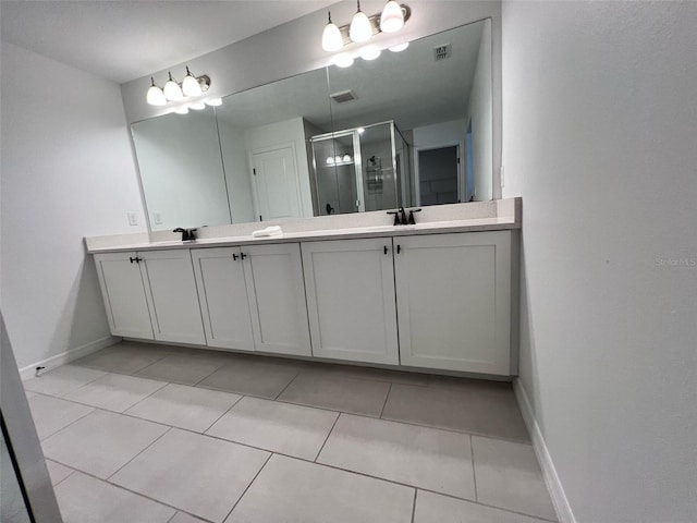 832 Benoi Dr, Davenport, FL 33896 - full bathroom featuring visible vents, baseboards, double vanity, a stall shower, and tile patterned flooring