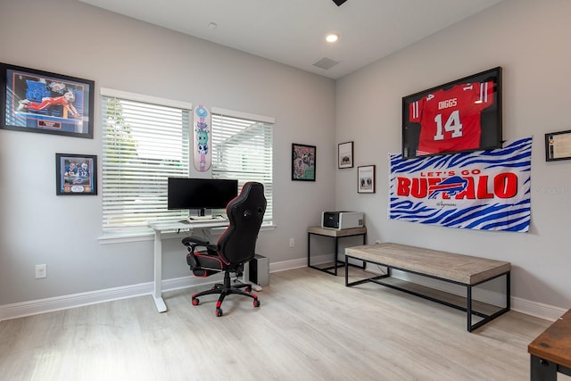 office space with wood finished floors, recessed lighting, baseboards, and visible vents