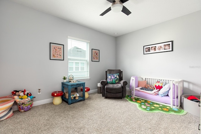 rec room featuring baseboards, carpet flooring, and ceiling fan