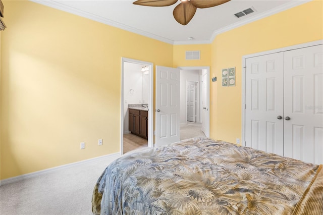 3936 Parkhouse Dr, Orlando, FL 32824 - bedroom featuring baseboards, ornamental molding, visible vents, and light colored carpet