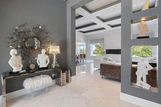 9000 Shawn Park Pl, Orlando, FL 32819 - bathroom with coffered ceiling, beam ceiling, a fireplace, a high ceiling, and tile patterned flooring