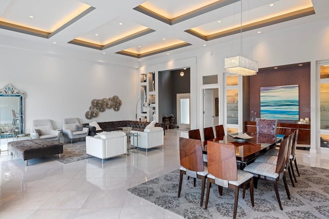 9000 Shawn Park Pl, Orlando, FL 32819 - dining room featuring marble finish floor, a towering ceiling, and coffered ceiling