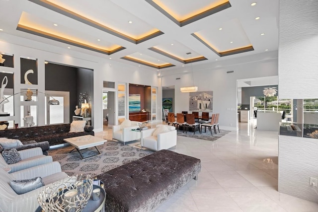 9000 Shawn Park Pl, Orlando, FL 32819 - living area with baseboards, a towering ceiling, recessed lighting, coffered ceiling, and light tile patterned floors