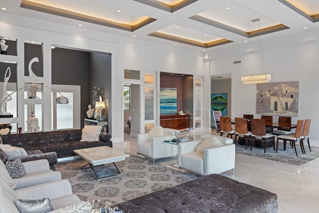 9000 Shawn Park Pl, Orlando, FL 32819 - living area with visible vents, tile patterned floors, recessed lighting, a high ceiling, and coffered ceiling