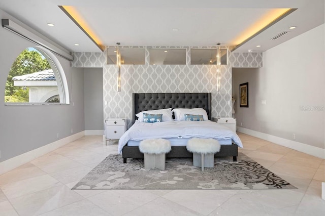 9000 Shawn Park Pl, Orlando, FL 32819 - bedroom with recessed lighting, baseboards, an accent wall, wallpapered walls, and visible vents