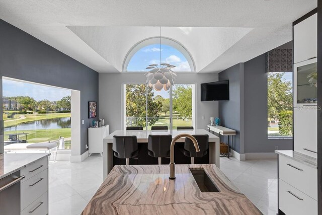 9000 Shawn Park Pl, Orlando, FL 32819 - dining room featuring a water view, a healthy amount of sunlight, and a textured ceiling