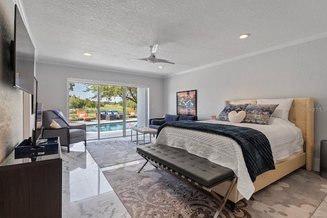9000 Shawn Park Pl, Orlando, FL 32819 - bedroom featuring a textured ceiling, access to outside, marble finish floor, ceiling fan, and ornamental molding