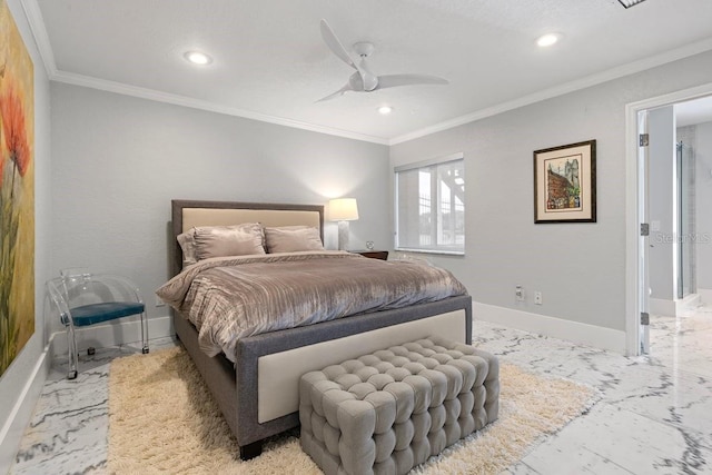 9000 Shawn Park Pl, Orlando, FL 32819 - bedroom with baseboards, marble finish floor, recessed lighting, and crown molding