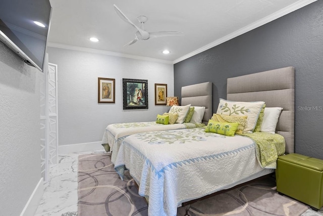9000 Shawn Park Pl, Orlando, FL 32819 - bedroom featuring baseboards, marble finish floor, ornamental molding, ceiling fan, and a textured wall