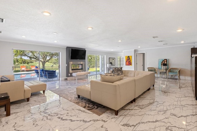 9000 Shawn Park Pl, Orlando, FL 32819 - living room with a textured ceiling, marble finish floor, a wealth of natural light, and crown molding