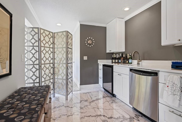 9000 Shawn Park Pl, Orlando, FL 32819 - kitchen with white cabinetry, ornamental molding, baseboards, and stainless steel dishwasher