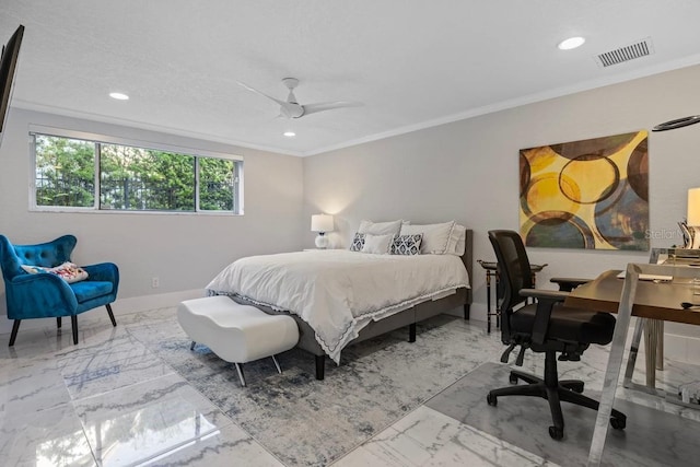 9000 Shawn Park Pl, Orlando, FL 32819 - bedroom featuring crown molding, marble finish floor, baseboards, visible vents, and recessed lighting