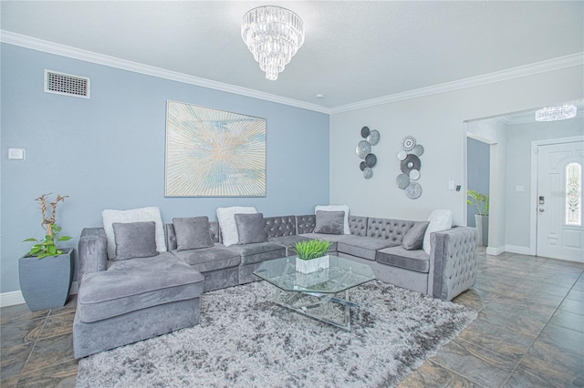 701 Denton Rd, Winter Park, FL 32792 - living area featuring baseboards, visible vents, crown molding, and a chandelier