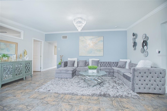 701 Denton Rd, Winter Park, FL 32792 - living room with crown molding, stone finish floor, baseboards, visible vents, and an inviting chandelier