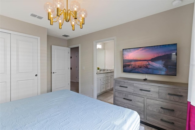 4305 Lana Ave, Davenport, FL 33897 - bedroom featuring a notable chandelier, a closet, ensuite bathroom, and visible vents