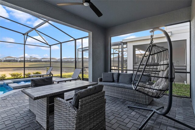 4305 Lana Ave, Davenport, FL 33897 - view of patio featuring an outdoor hangout area, a pool with connected hot tub, a lanai, and a ceiling fan