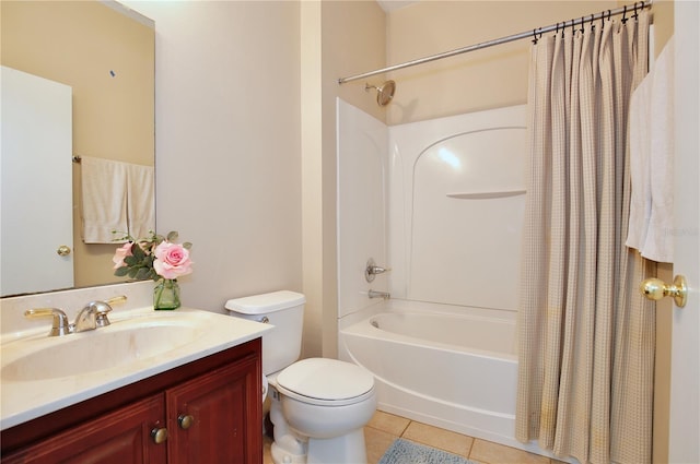 full bath featuring toilet, vanity, shower / bath combination with curtain, and tile patterned floors