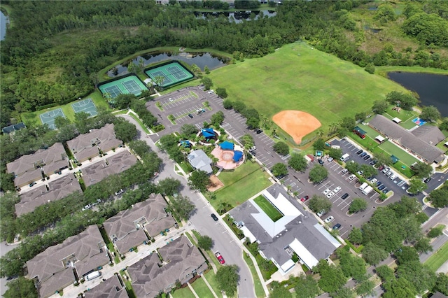 aerial view featuring a water view