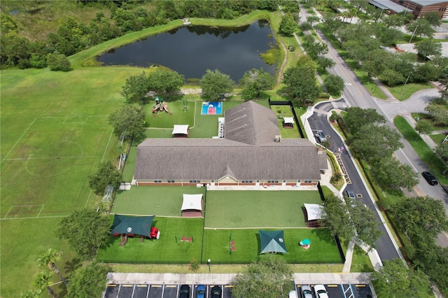 drone / aerial view featuring a water view