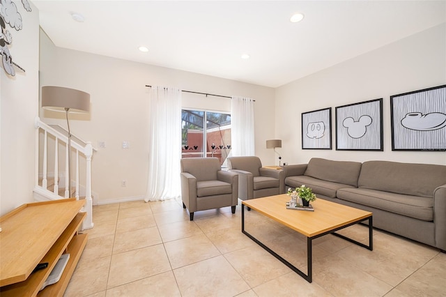 living room featuring recessed lighting, stairway, and light tile patterned floors