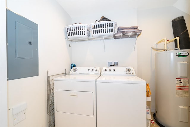 clothes washing area featuring water heater, independent washer and dryer, laundry area, and electric panel
