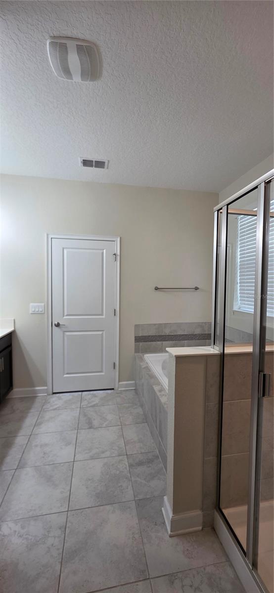 3043 Beaver Creek Dr, Kissimmee, FL 34746 - full bath featuring a garden tub, vanity, a stall shower, baseboards, and a textured ceiling