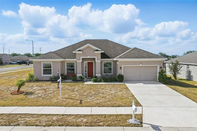 ranch-style house with stucco siding, an attached garage, a shingled roof, and driveway
