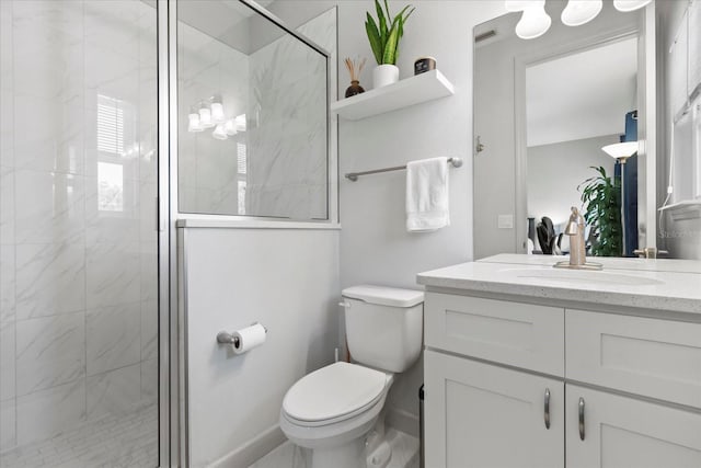 full bathroom with toilet, vanity, visible vents, and a stall shower