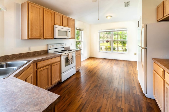 151 Bell Tower Xing W, Kissimmee, FL 34759 - kitchen with white appliances, dark wood-style floors, a sink, dark countertops, and baseboards