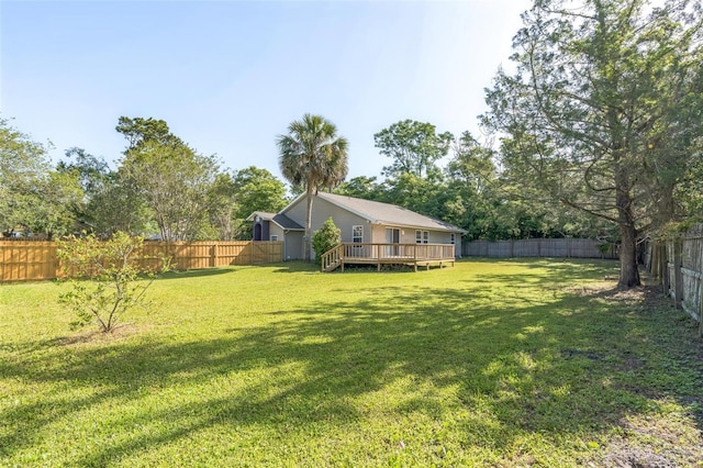 view of yard featuring a fenced backyard and a deck