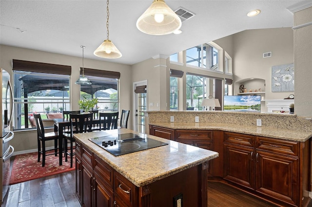 3033 Zaharias Dr, Orlando, FL 32837 - kitchen with dark wood-style flooring, visible vents, vaulted ceiling, and black electric cooktop