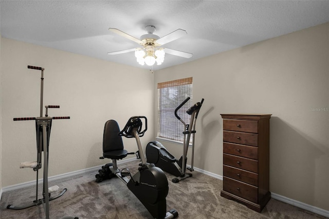 3033 Zaharias Dr, Orlando, FL 32837 - workout room featuring a textured ceiling, baseboards, a ceiling fan, and carpet floors