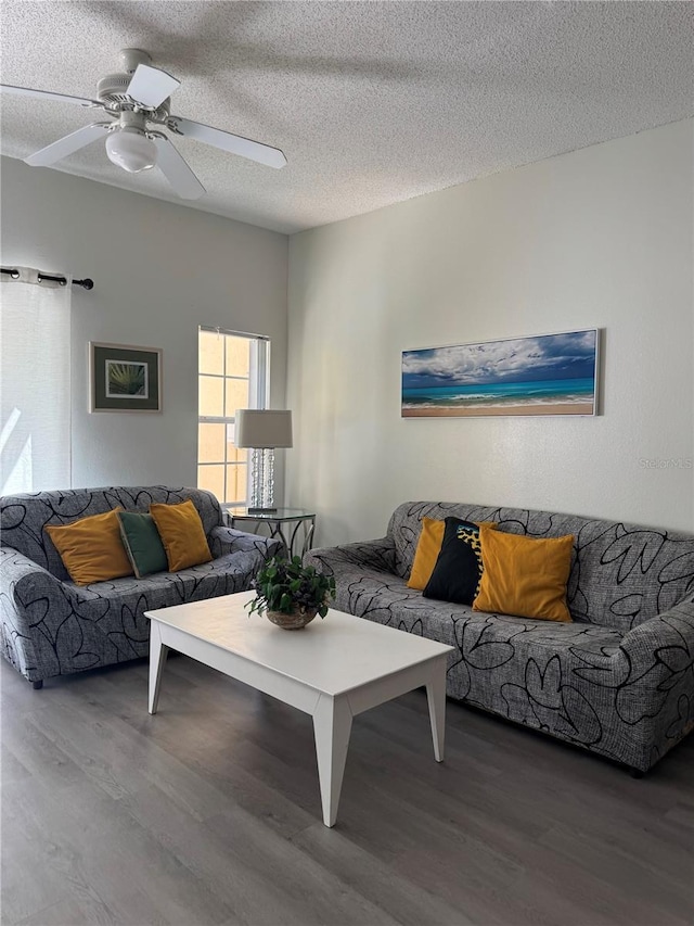 1119 Park Ridge Cir, Kissimmee, FL 34746 - living room with a textured ceiling, ceiling fan, and wood finished floors