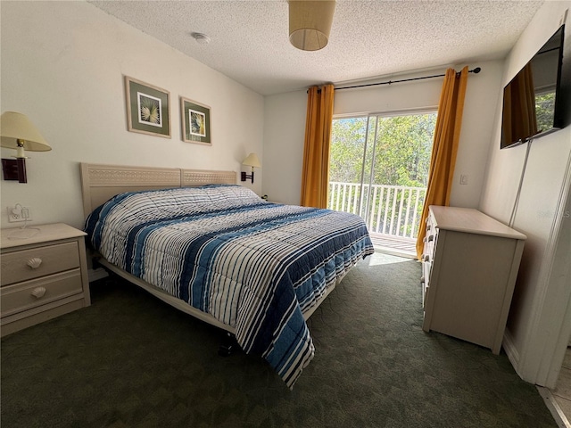 1119 Park Ridge Cir, Kissimmee, FL 34746 - bedroom with a textured ceiling, access to exterior, and dark colored carpet