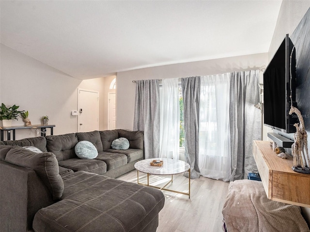 living area with light wood finished floors and lofted ceiling