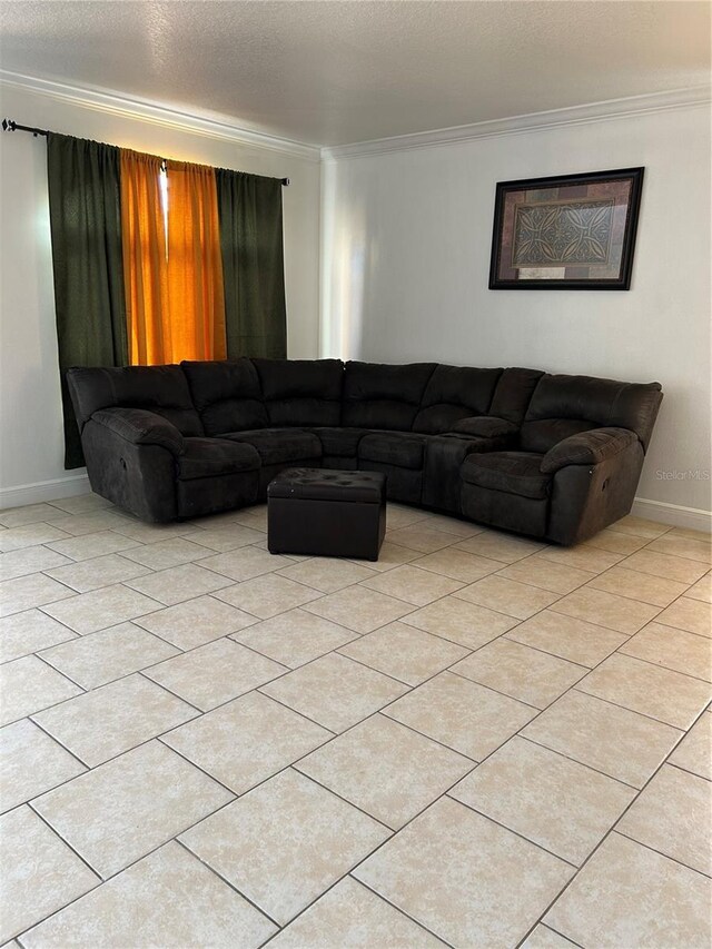 5406 Crepe Myrtle Cir, Kissimmee, FL 34758 - living room featuring baseboards, ornamental molding, and light tile patterned floors