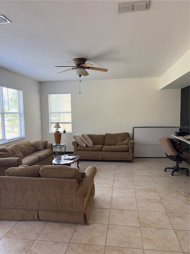 422 Janice Kay Pl, Kissimmee, FL 34744 - living room with a ceiling fan, visible vents, a textured ceiling, and light tile patterned floors