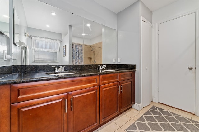 221 Indian Point Cir, Kissimmee, FL 34746 - full bathroom featuring a sink, double vanity, curtained shower, and tile patterned flooring
