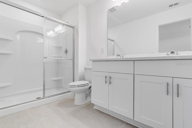 172 River Front Way, Edgewater, FL 32141 - bathroom with toilet, visible vents, tile patterned flooring, and a stall shower