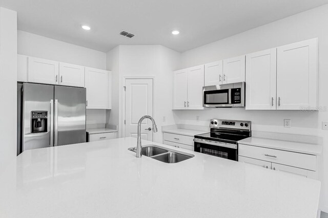 176 River Front Way, Edgewater, FL 32141 - kitchen with visible vents, a sink, light countertops, stainless steel appliances, and white cabinetry