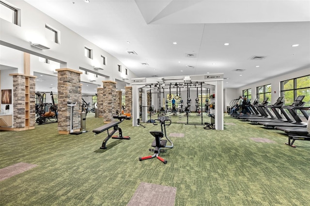 2436 Deer Trail Ln, Spring Hill, FL 34606 - gym featuring carpet, decorative columns, and recessed lighting