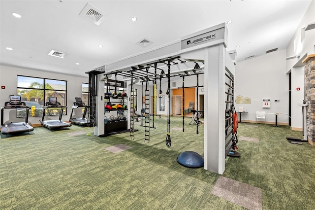 2436 Deer Trail Ln, Spring Hill, FL 34606 - gym featuring carpet floors, recessed lighting, and baseboards