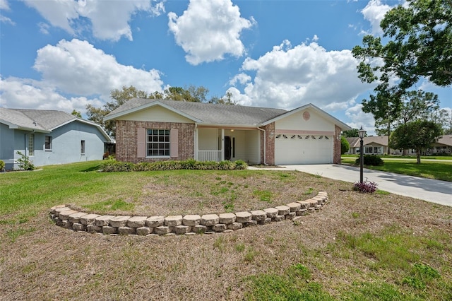2436 Deer Trail Ln, Spring Hill, FL 34606 - ranch-style house featuring brick siding, concrete driveway, a garage, and a front lawn