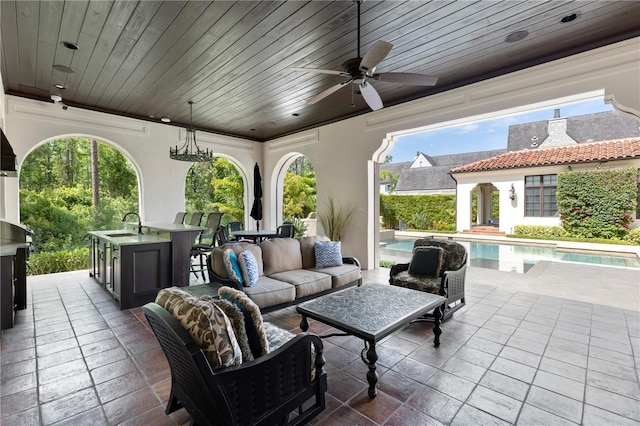 10138 Enchanted Oak Dr, Golden Oak, FL 32836 - view of patio / terrace featuring an outdoor living space, an outdoor pool, a sink, and ceiling fan