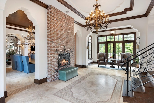 10138 Enchanted Oak Dr, Golden Oak, FL 32836 - unfurnished living room with crown molding, an inviting chandelier, and visible vents