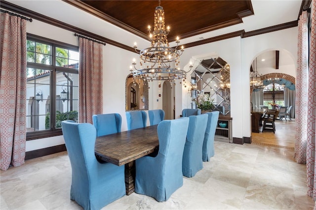 10138 Enchanted Oak Dr, Golden Oak, FL 32836 - dining room featuring a chandelier, arched walkways, a tray ceiling, and wooden ceiling