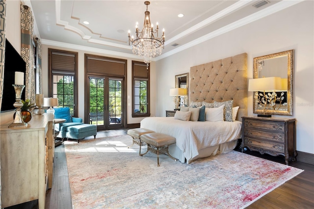 10138 Enchanted Oak Dr, Golden Oak, FL 32836 - bedroom with access to outside, a notable chandelier, crown molding, a tray ceiling, and wood finished floors